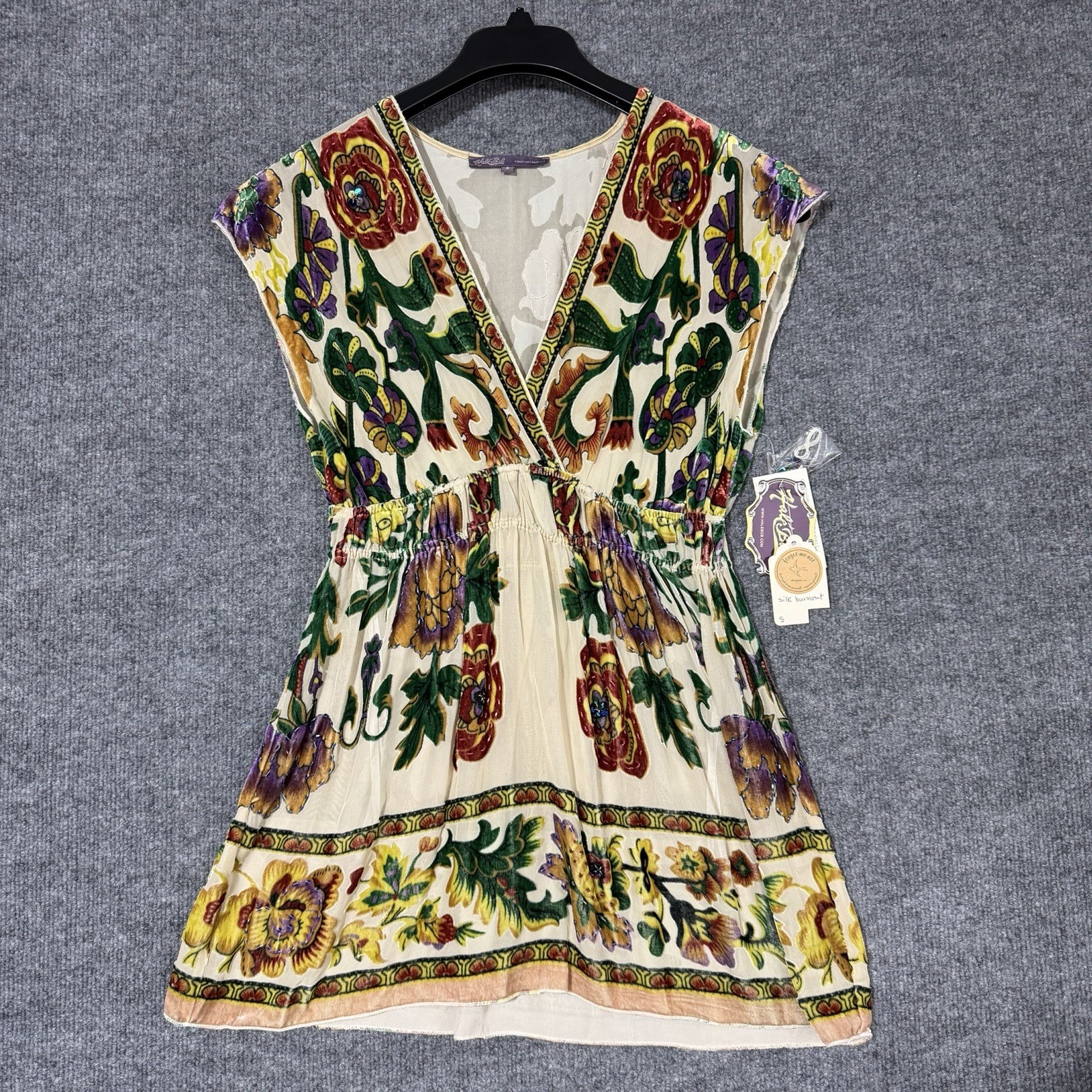 HALE BOB Silk Velvet Floral Blouse Sz Small Beaded Elastic Waist Boho Whimsical