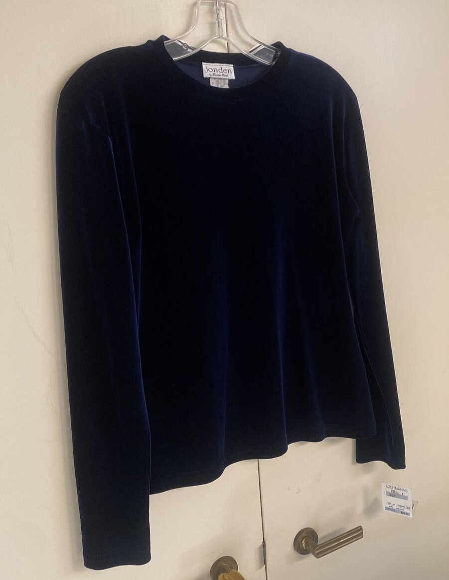 Top Jonden by Linda Leal Dark M Lush Blue Velvet Round Neck Long Sleeves NWT USA