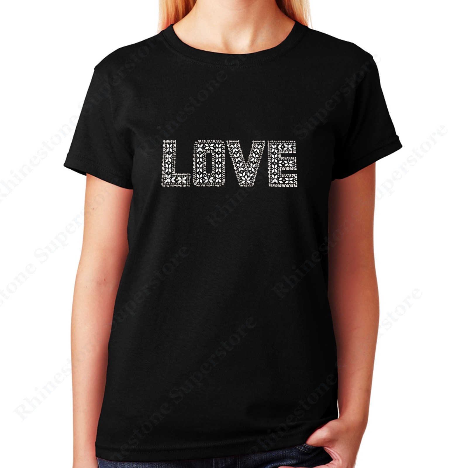 Womens / Unisex Rhinestud T-shirt ” Silver Love ” in S, M, L, XL, 2X, 3X