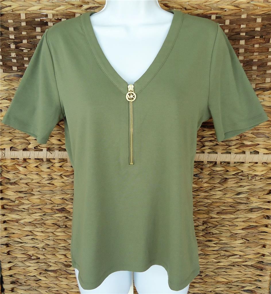MICHAEL KORS ARMY GREEN V-NECK HALF ZIP FRONT SHORT SLEEVE TOP SIZE L NWT $98