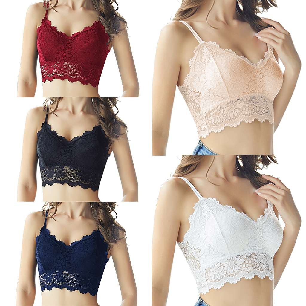 Sexy Women Lace V Neck Padded Lingerie Crochet Bralette Bra Crop Top Cami Tank