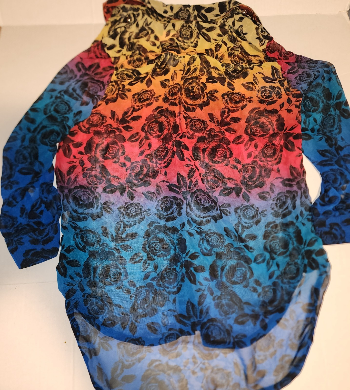 New Directions Multi Color Rainbow~Sheer Blk Floral Print Button Up~Size Small
