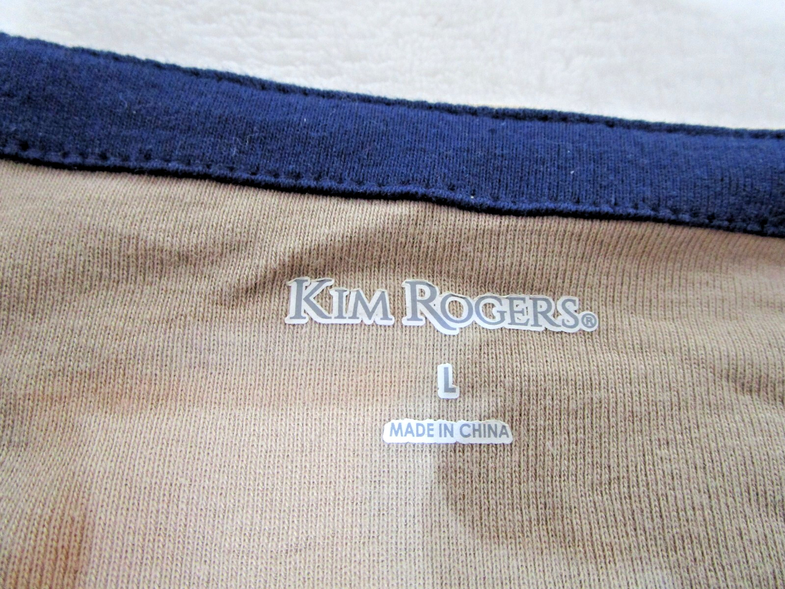 NWT Kim Rogers Womens Henley Top Size Large Beige Navy Long Sleeve