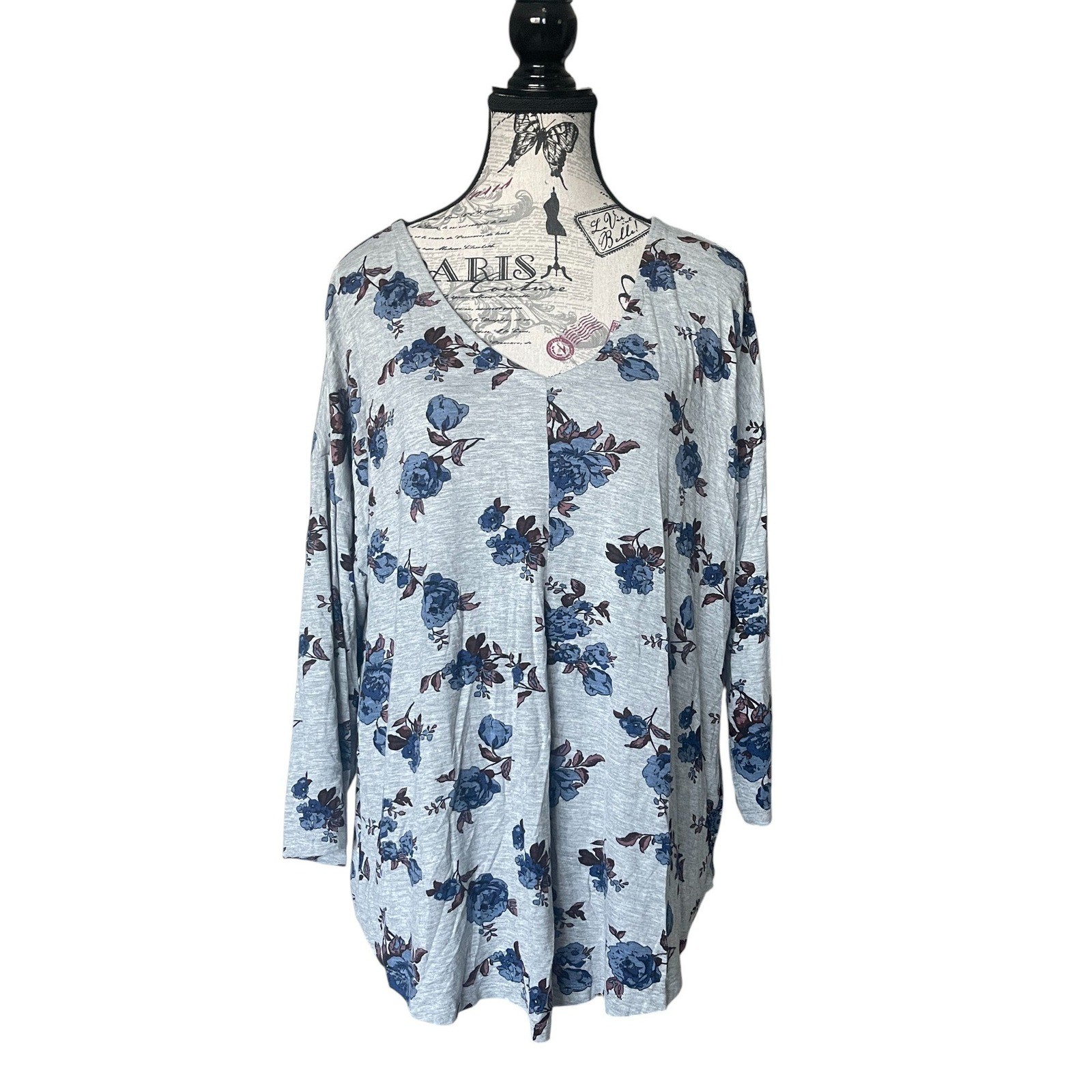 Laura Scott Women’s Blue Floral Long Sleeve V-Neck Top Sz L
