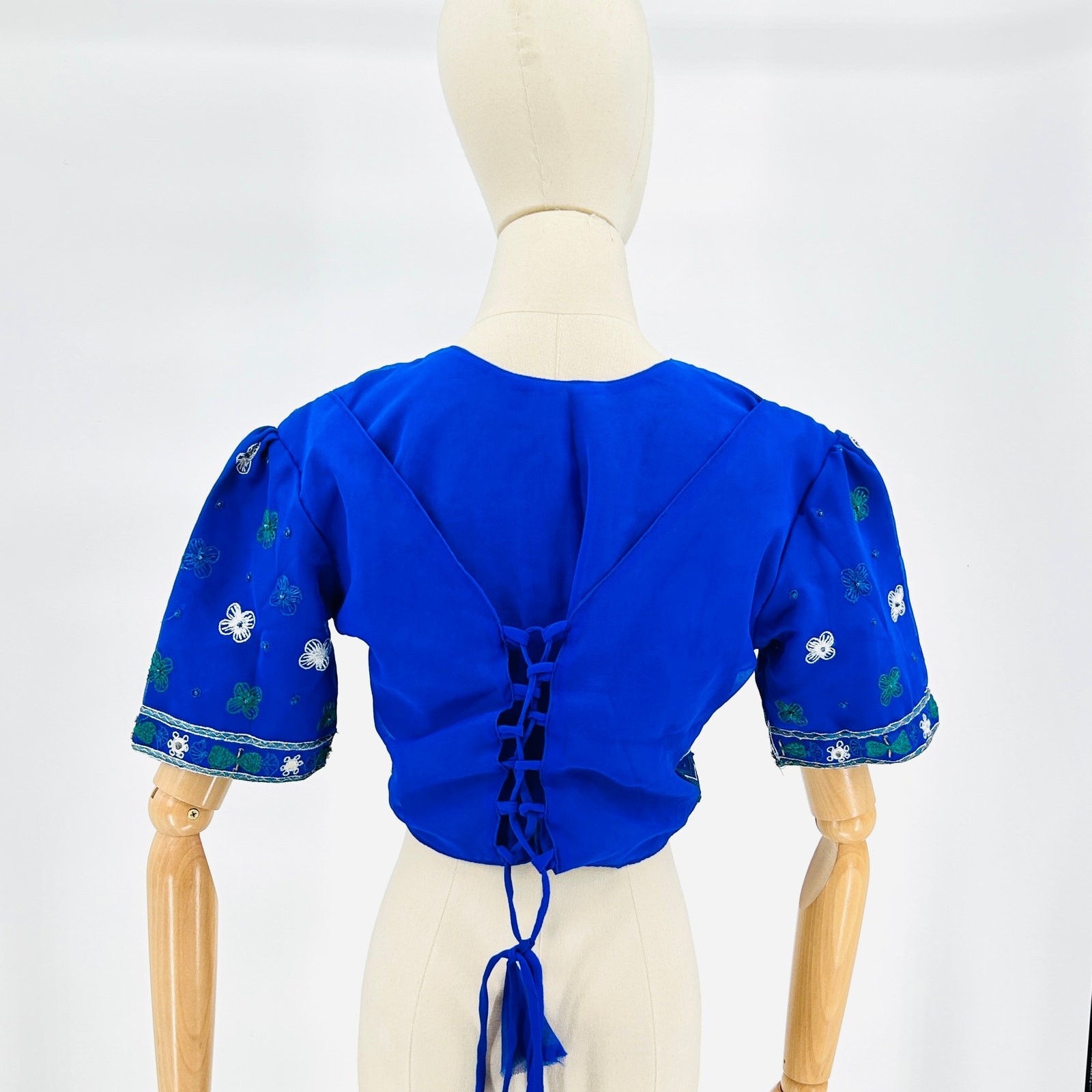 Handmade Blue Embroidered Indian Sari Lehenga Floral Beaded Blouse