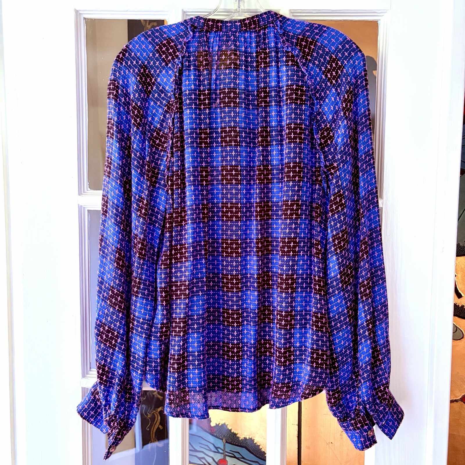 Anthropologie Pilcro Breezy Black Blue Pink Plaid Top SZ L Wool Viscose