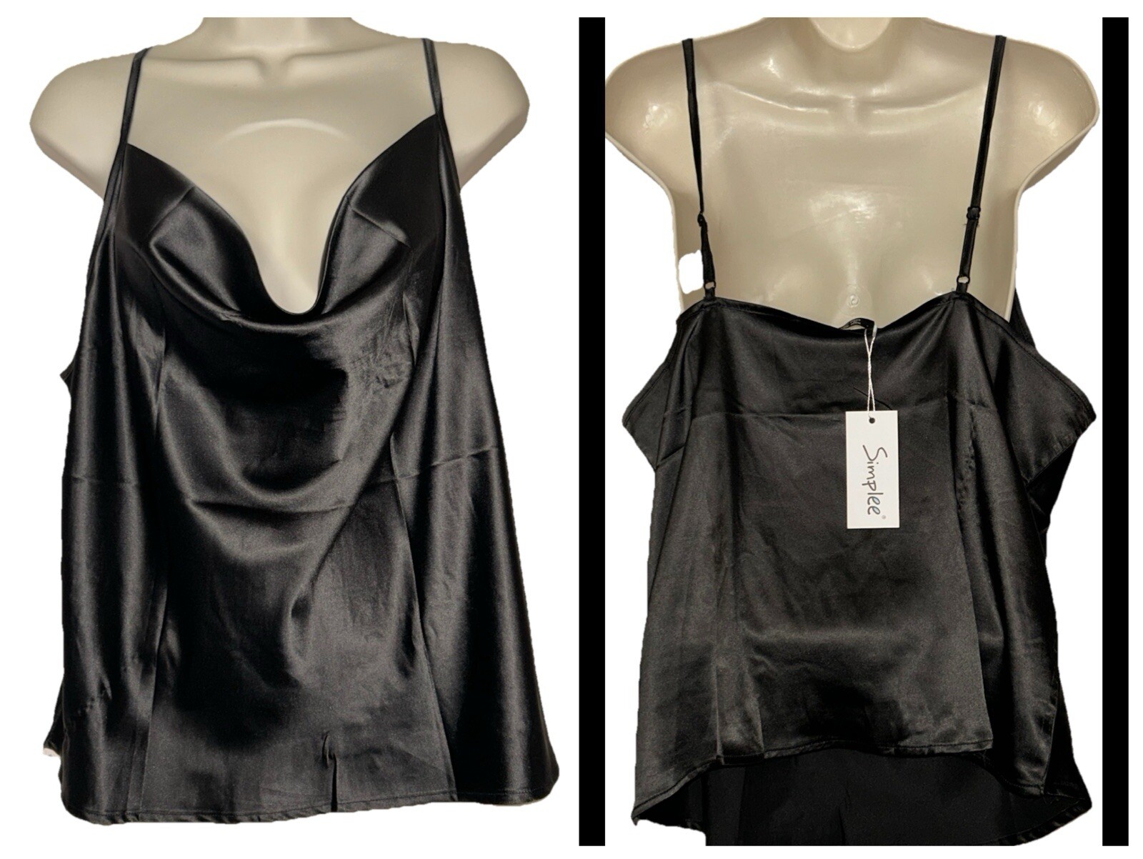 SIMPLEE Shirt Scoop Silky Black Adjustable Strap Woman Plus Size 2X or XXL
