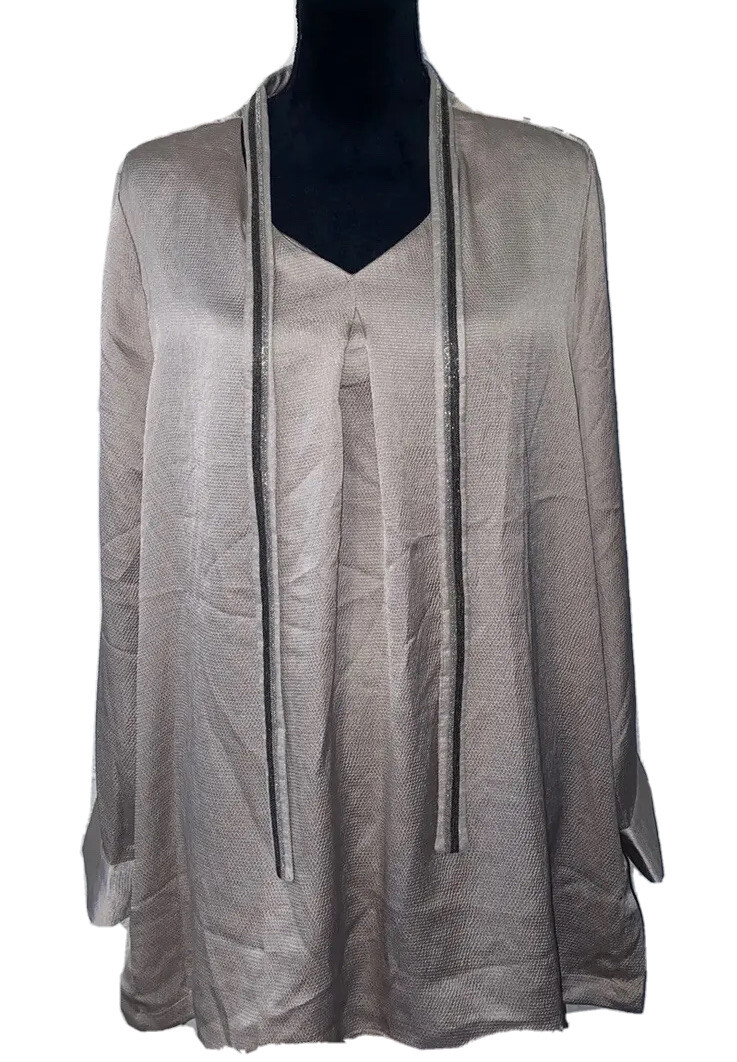 NWT Chico’s Taupe Satin Ball Chain Tie-Front Top Blouse Size 3 – XL (16) $99