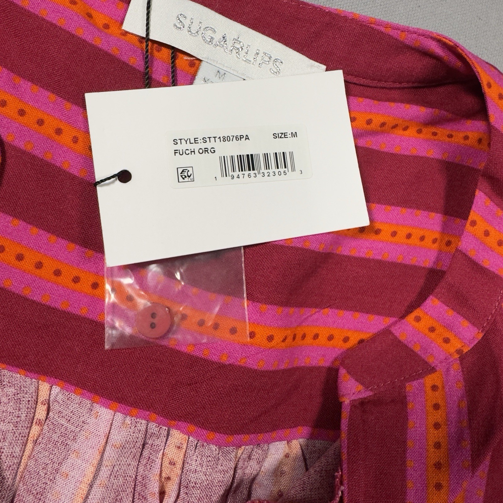 Sugar Lips Striped Blouse Womens Medium Pink Orange Puff Sleeve Rayon NWT