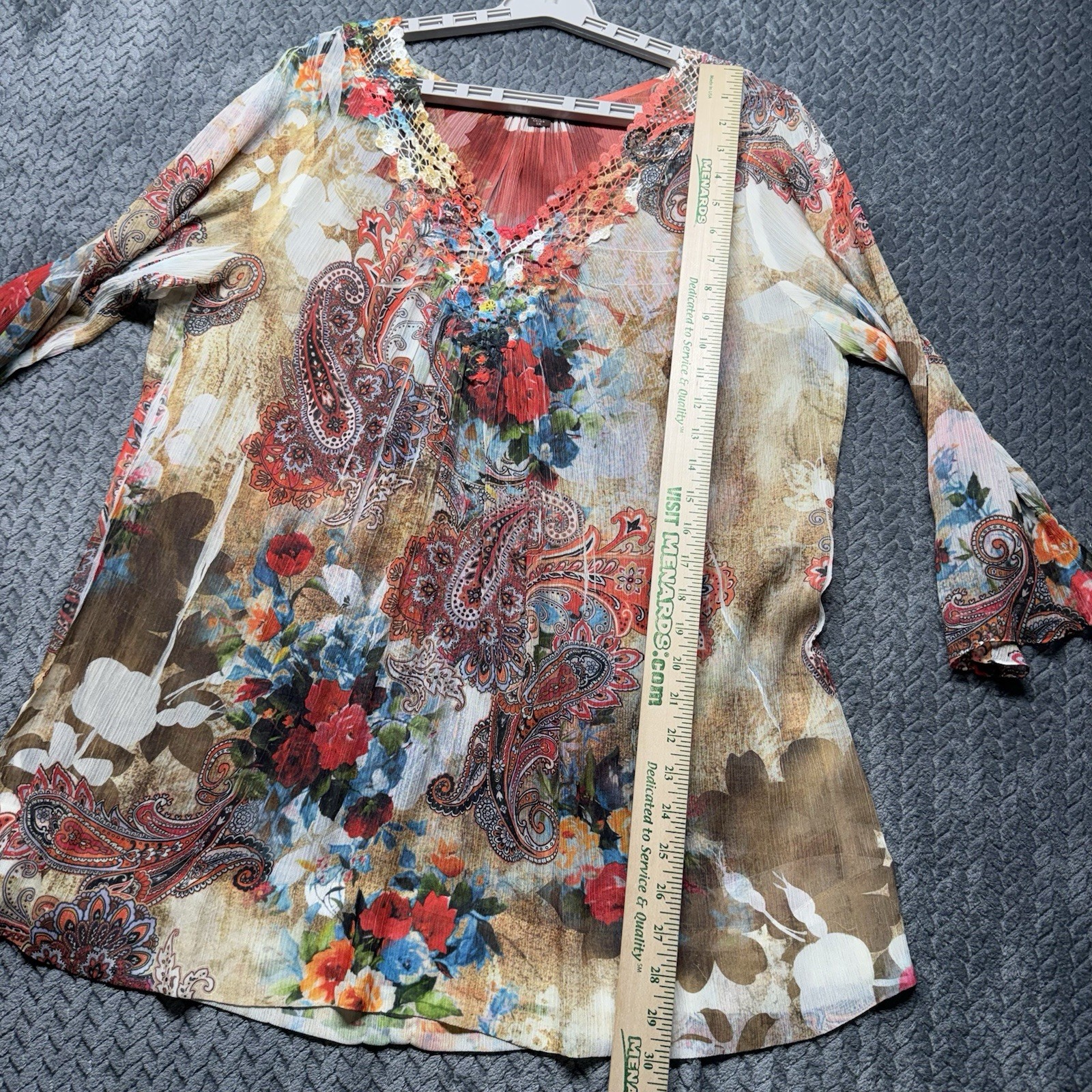 Mushka By Sienna Rose Women’s Tunic Blouse 1X Sheer Boho Paisley Floral Crochet