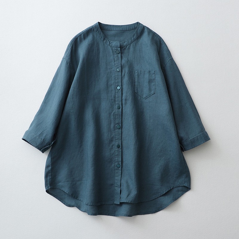 Linen Shirt Stand-up Collar, Seven-quarter Sleeves White Loose, Sunscreen Cotton