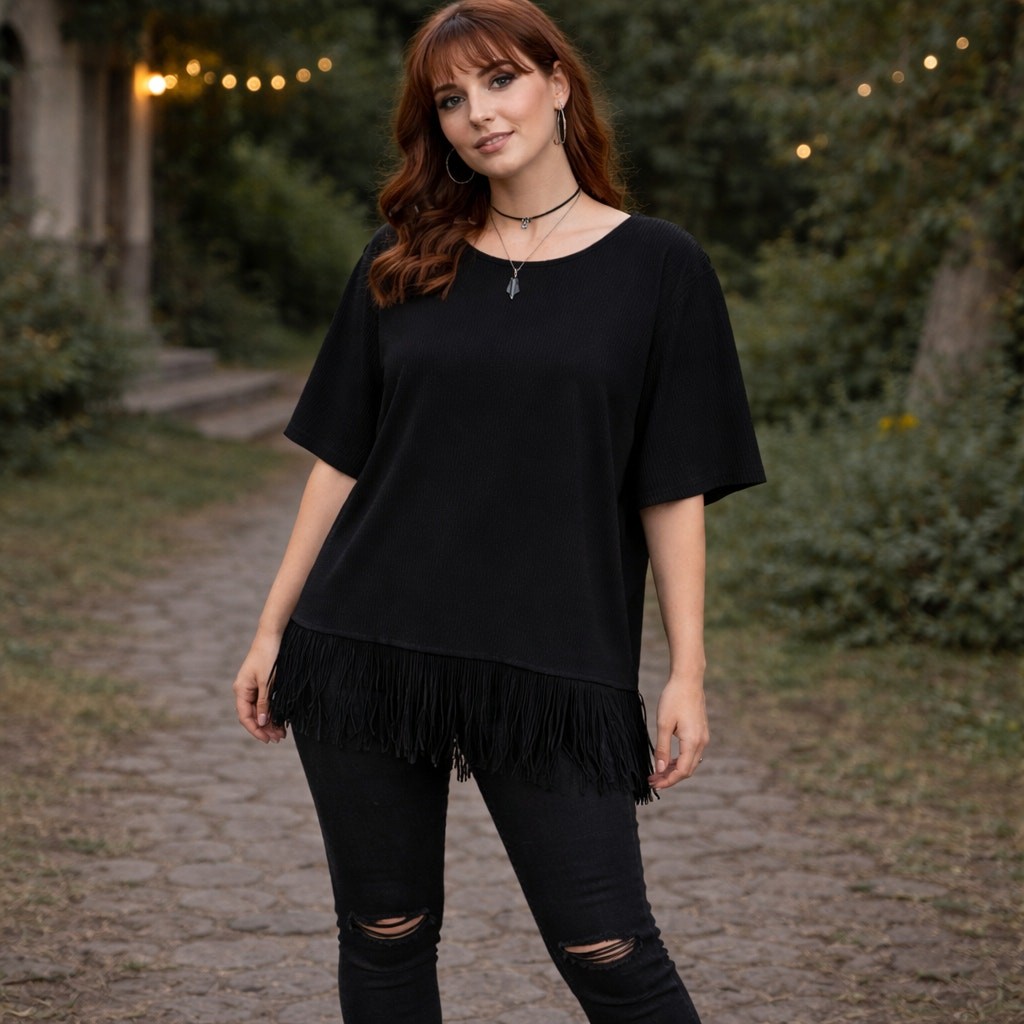 Crepe Fabric Fringe Hem Oversized Blouse Black Soft Goth Office Attire Medium
