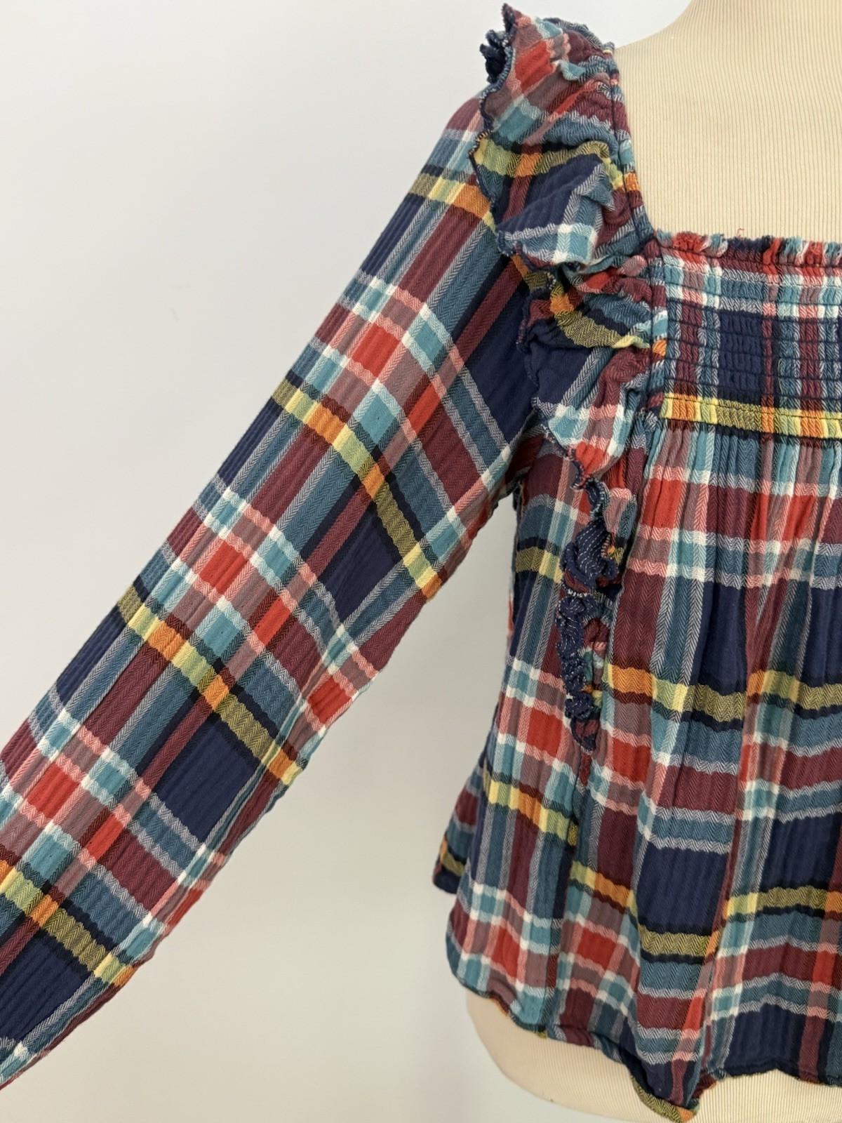 We the FREE PEOPLE New Siena Plaid Pullover TOP Small Babydoll Teal Country $118