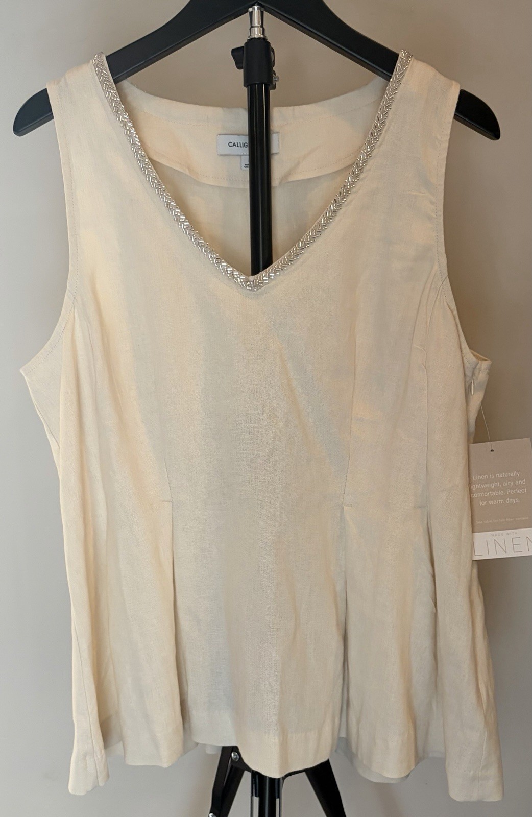 Calligraphie Ivory Beaded V-Neck Linen Viscose Woven Tank Top Sleeveless L