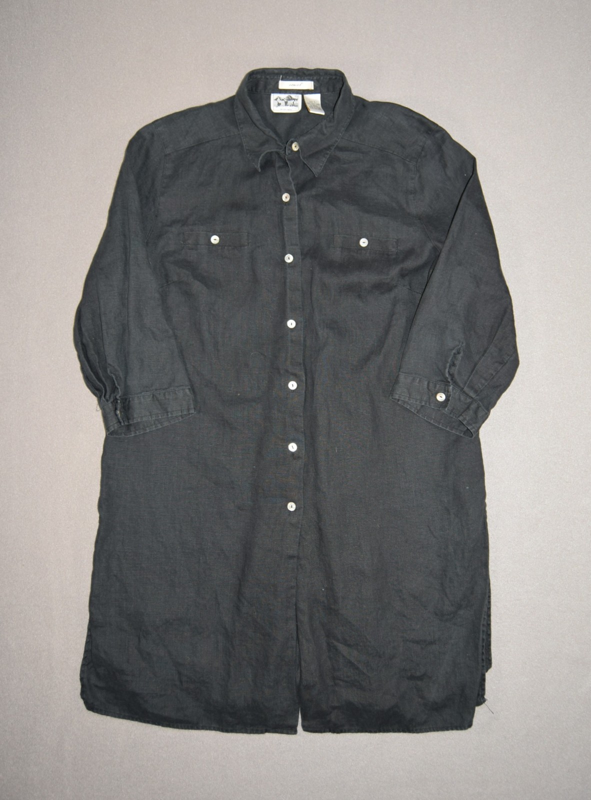 Edward Irish Linen Blouse Womens Large Black Mid Length Button Up Long Sleeve