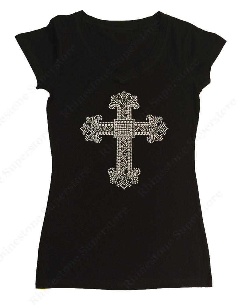 Women’s Rhinestuds T-Shirt ” Silver Cross ” S, M, L, 1X, 2X, 3X, Religious