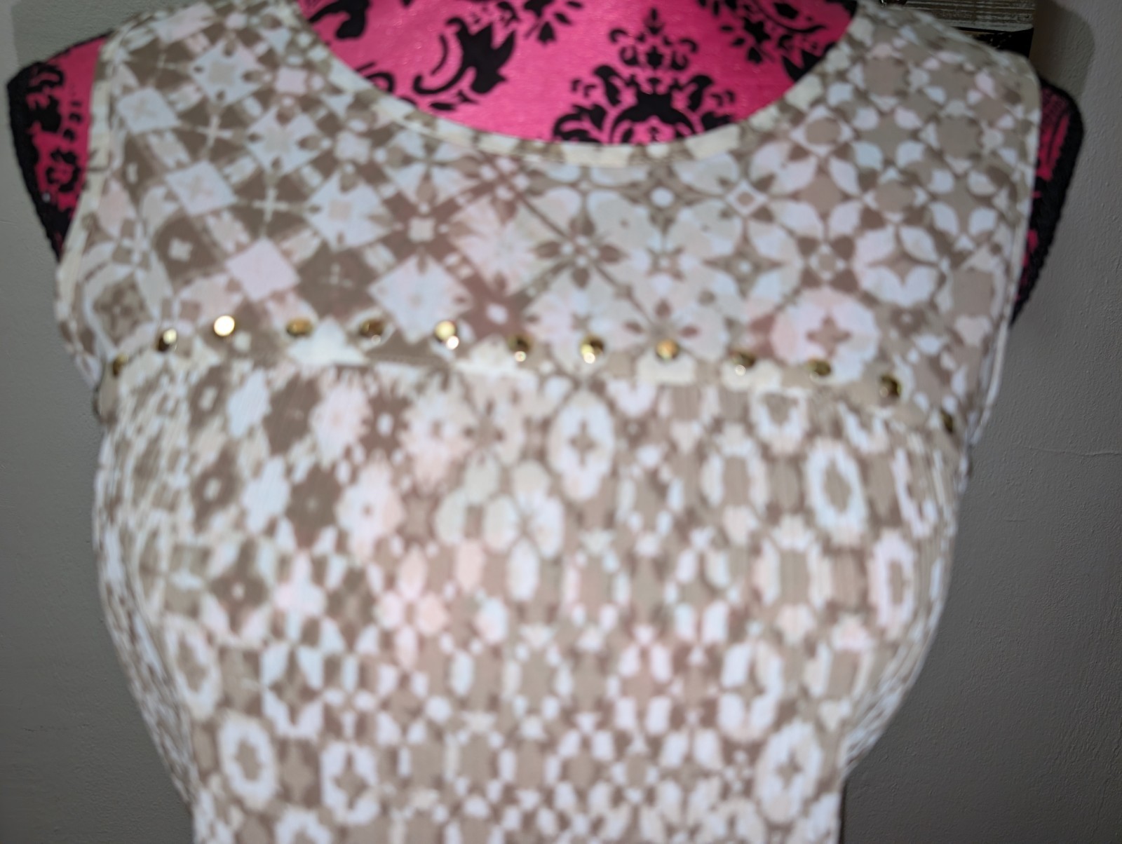White And Taupe Sleeveless Crinkle Pleat Blouse With Rhinestones And Ruffles