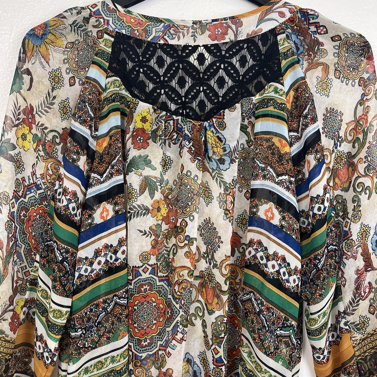 Fig and Flower Women’s Semi Sheer Multicolor Floral Blouse Peasant Size Large