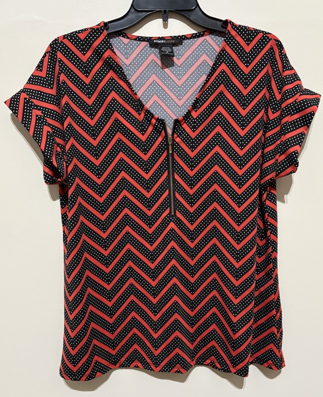 Robert Louis Blouse M Red Black Polka Dot Chevron Geometric 1/4 Zip Top Women