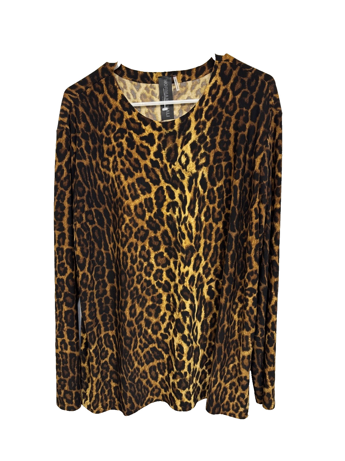 Norma Kamali Leopard Print Top Round Neck Stretch Long Sleeve M Brown Stretch