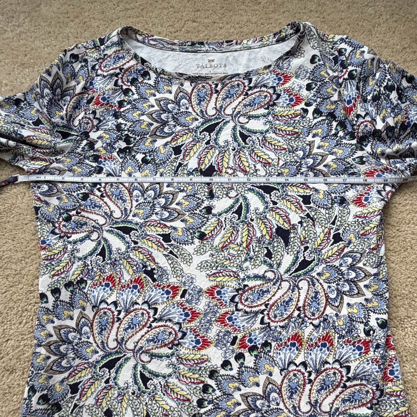 Talbots Ecru Paisley Elbow Length Sleeve Tee Shirt – Size L – EUC – Pima Cotton