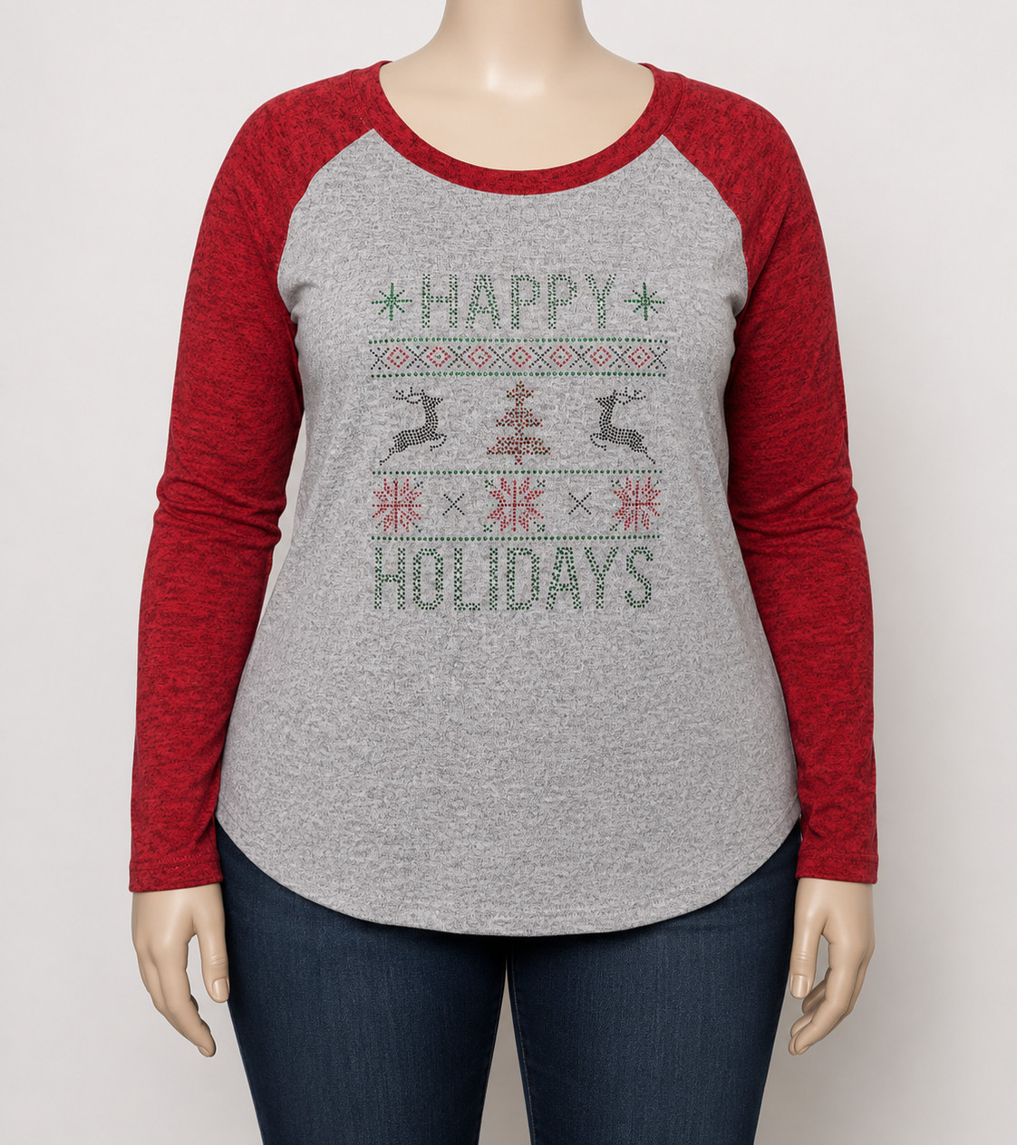 NWT Women 2X Happy Holidays Christmas Gray Red Raglan Sleeve Holiday Shirt