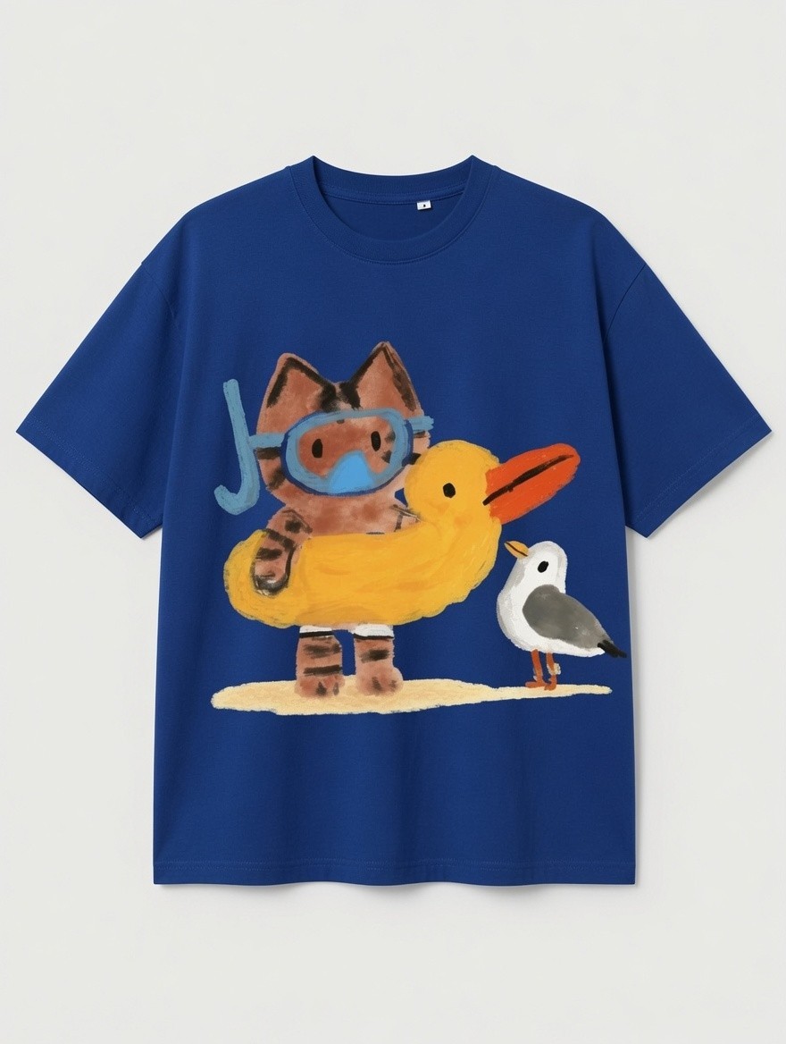 Adorable Cat Snorkeling with Duck Ring T-Shirt | Beach Animal Cartoon Tee