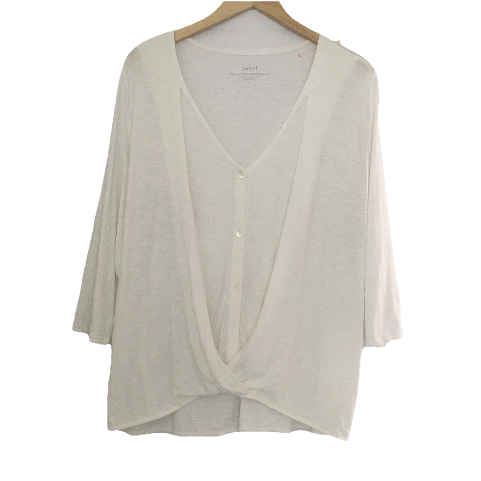 Pure Jill Cotton Cross Front Top XL 3/4 Sleeve Pullover Button Front Off White