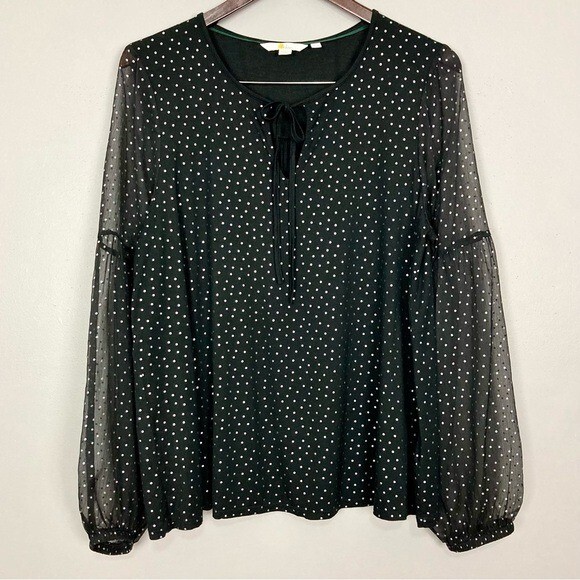 Boden Hazel Metallic Foil Dot Blouse Women’s Size 12 Sheer Lantern Sleeves Knit