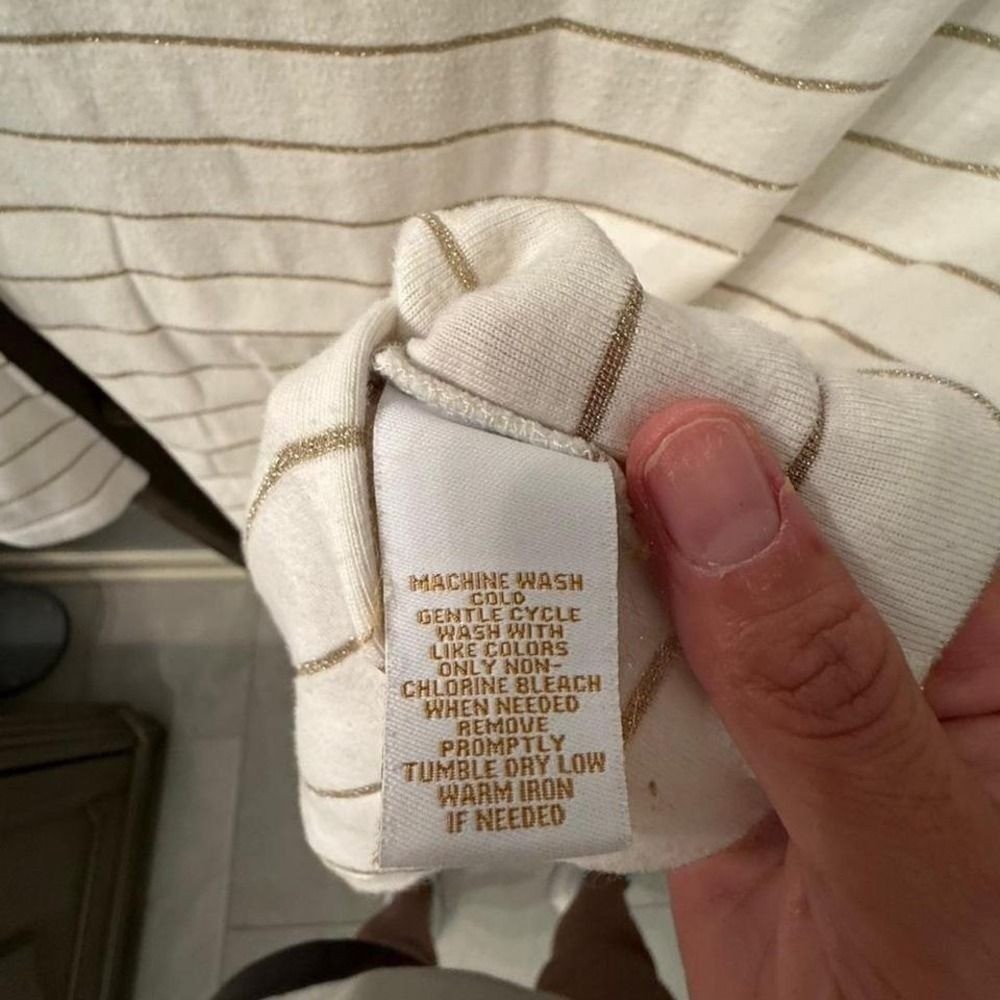 Lauren Ralph Lauren Cream Gold Striped Button Shoulder Top Large Cotton Knit