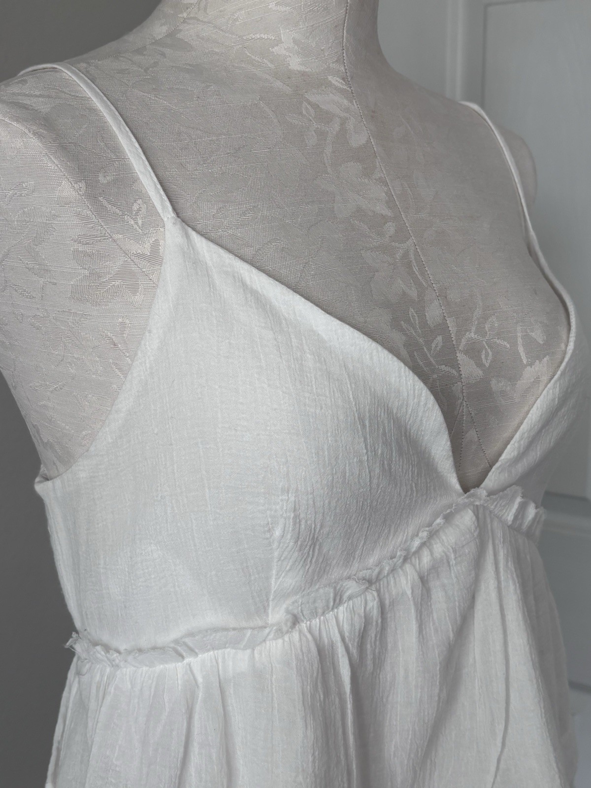 Altar’d State White V Neck Camisole Top Smocked Back Strap Ruffle Gauzy Large