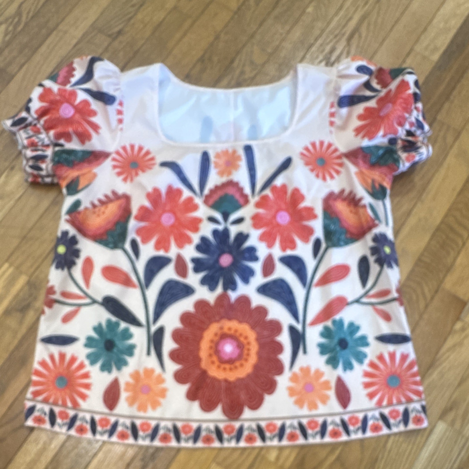 Shein Plus 0X White Floral Square Neck Puff Short Sleeve Ruffle Pullover Blouse