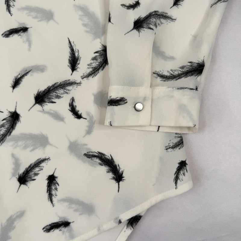Jacques Vert Blouse UK 14 White Black Feather Print Long Sleeve V Neck