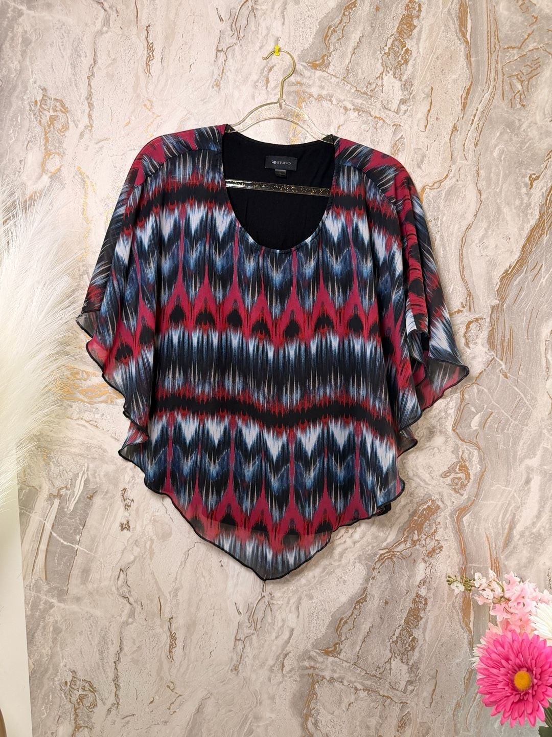 AB Studio Women’s Large Multicolor Ikat Print Layered Chiffon Poncho Blouse Top