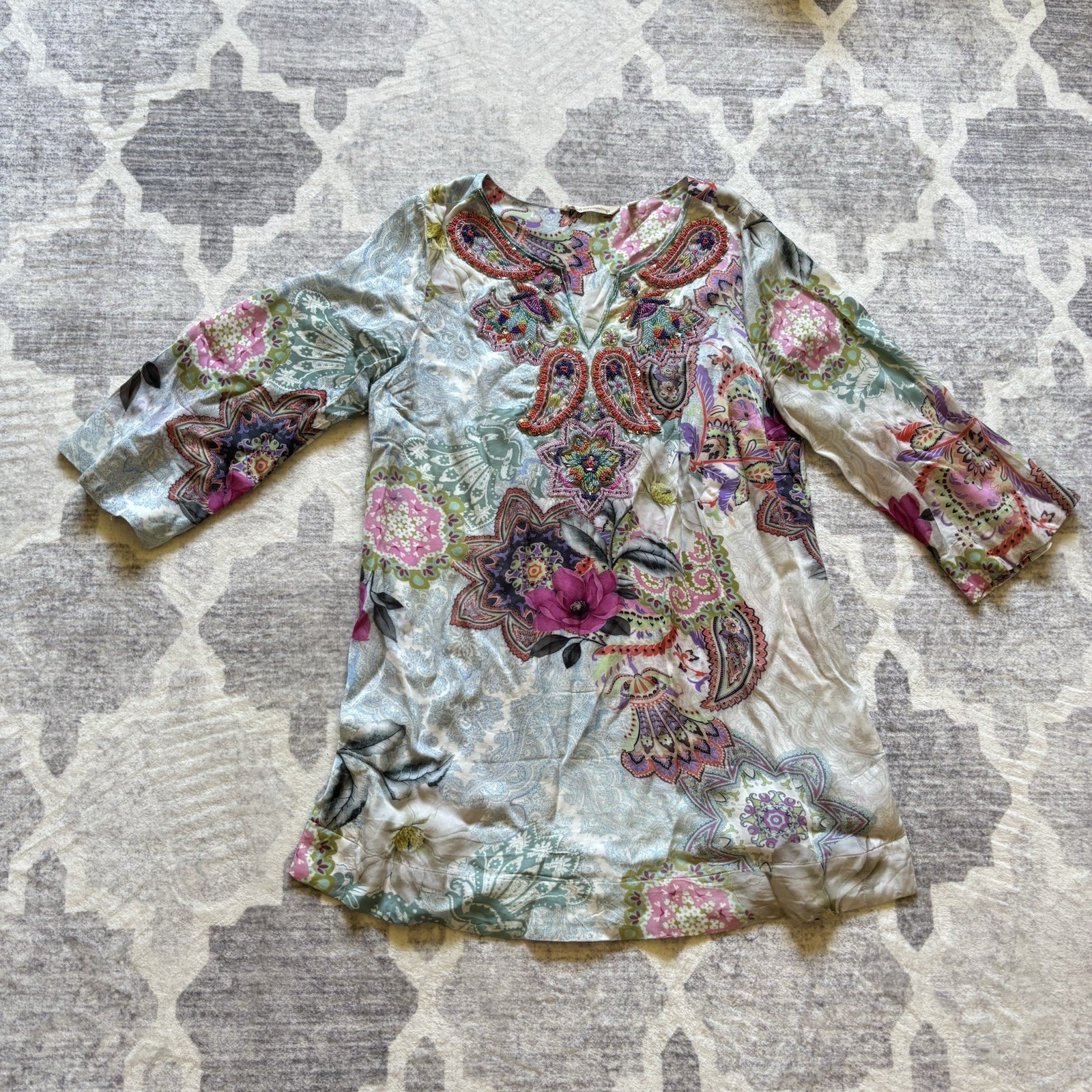 Soft Surroundings Florent Tunic in Aquatic Blue Beaded Accents Size Small EUC
