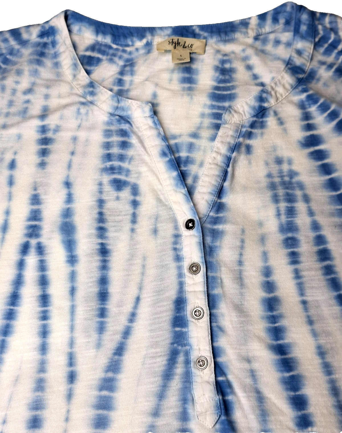 STYLE & CO. Womens Top SIZE L Long Sleeve Tie Dye Henley Multicolor Cotton