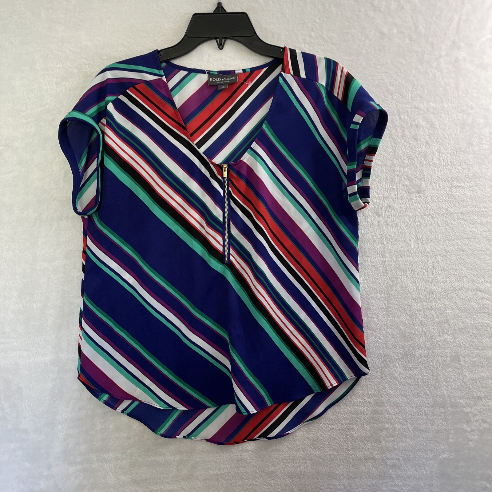 Bold Elements Blouse Top Womans Small Striped Multicolor Short Sleeve V Neck Zip
