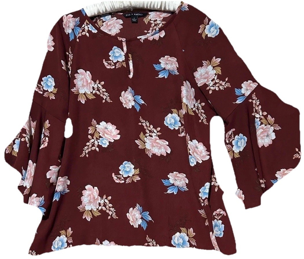 Zac & Rachel Top L Cute Silky Burgundy Floral Cottagecore Fairycore Shirt Blouse