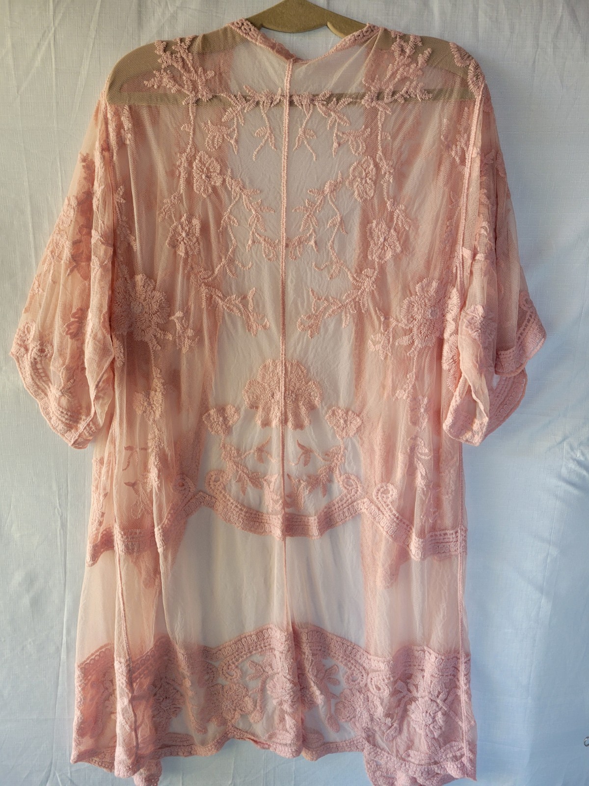 Anna-Kaci Pink Floral Embroidered Lace Kimono Cardigan Open Front Mesh Boho OS