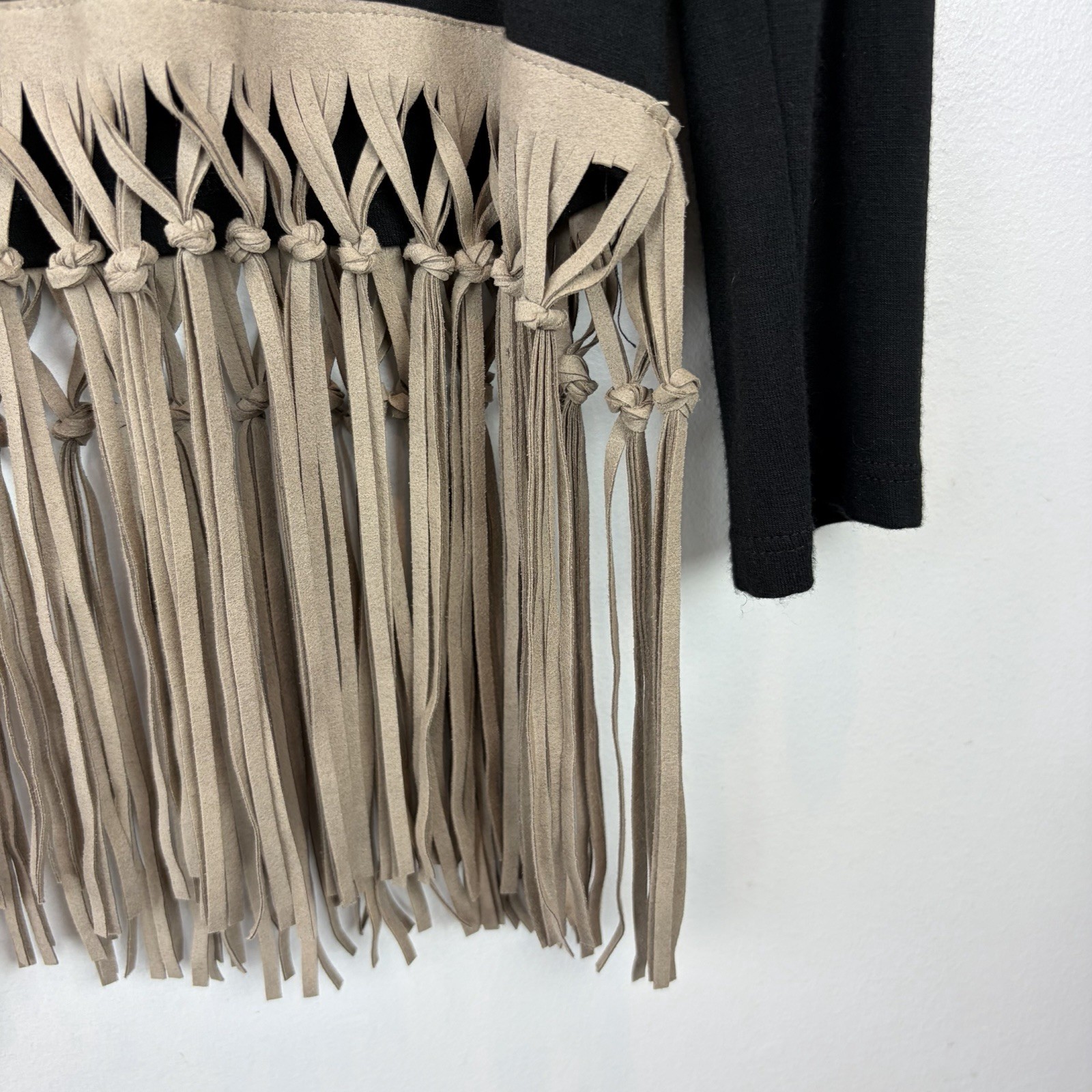Origami by Vivien Top Womens Medium Black Taupe Suede Fringe Hem Western Boho