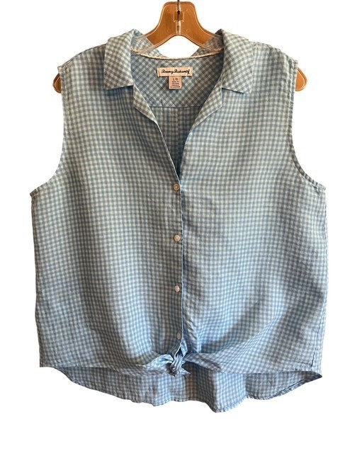 Tommy Bahama Gingham Way Linen Sleeveless Camp Shirt Large Glass Bead Blue EUC