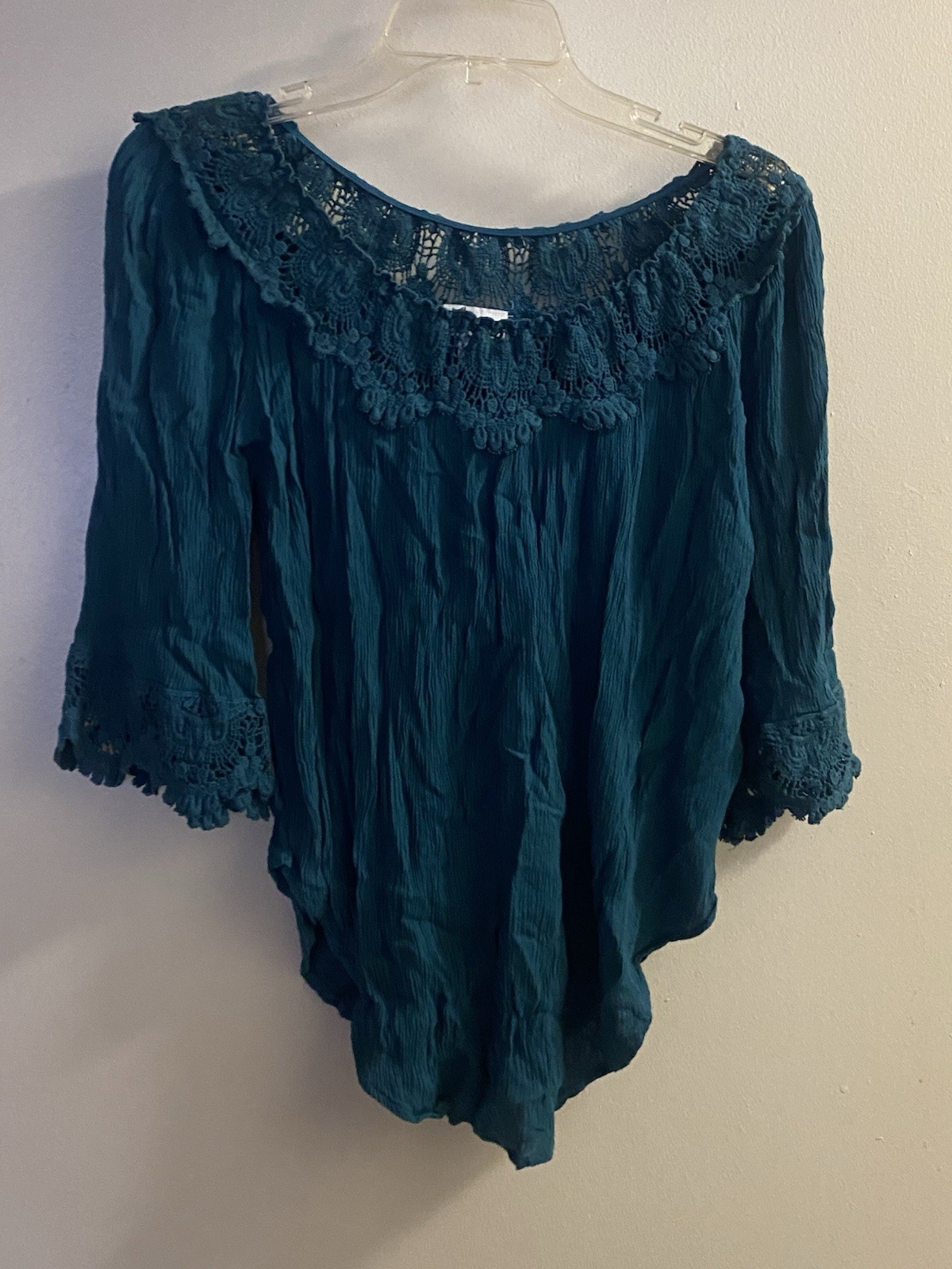 Westport 1962 Womens Boho Blouse Teal Green S 40” Oversized Crochet Neck Boho