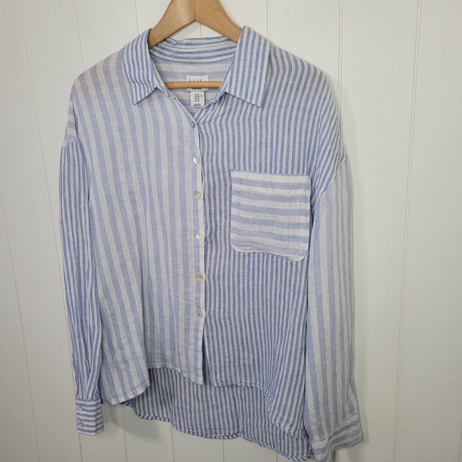 Nicole Miller Linen Top Womens Sz XL Blue White Striped Long Sleeve Coastal New