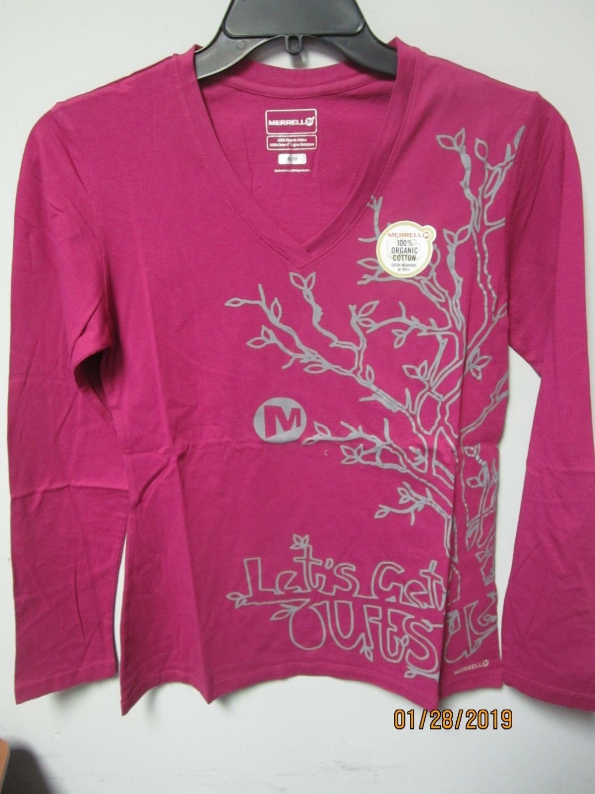 Merrell Womens Long Sleeve V-Neck Paisley Graphic Tee Size M 100% Organic Cotton