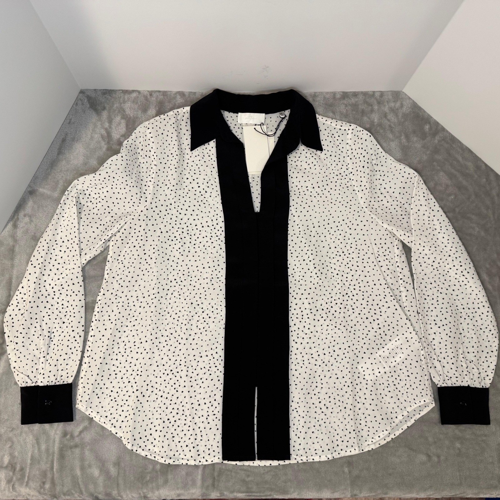 7 For All Mankind Women Sz XS Flecked Long Sleeve Button Blouse White Black NWT