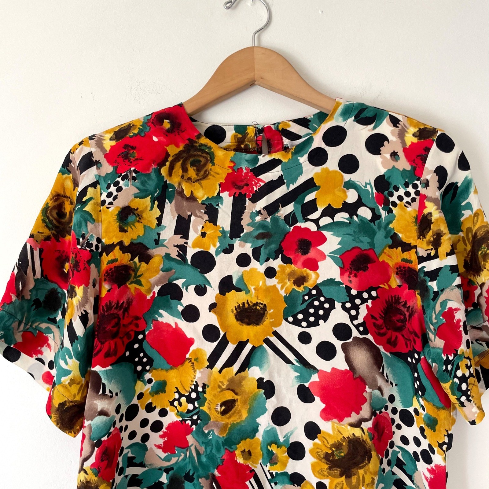 Vintage Floral Silk Blouse Top Medium Polka Dot Stripe Maximalist Dopamine