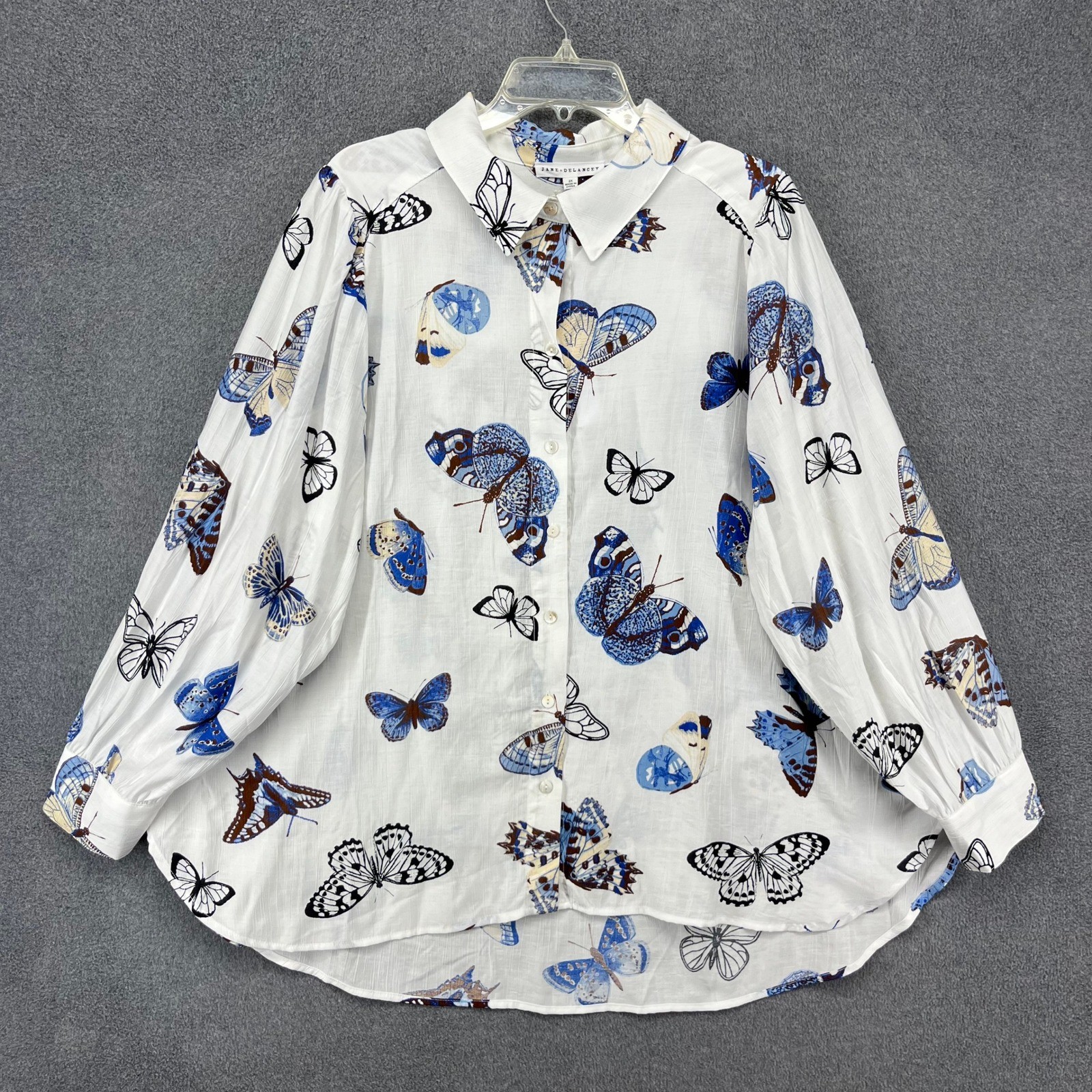 Jane + Delancey Butterfly Print Blouse Womens 2X White Blue Boho Button Up Top