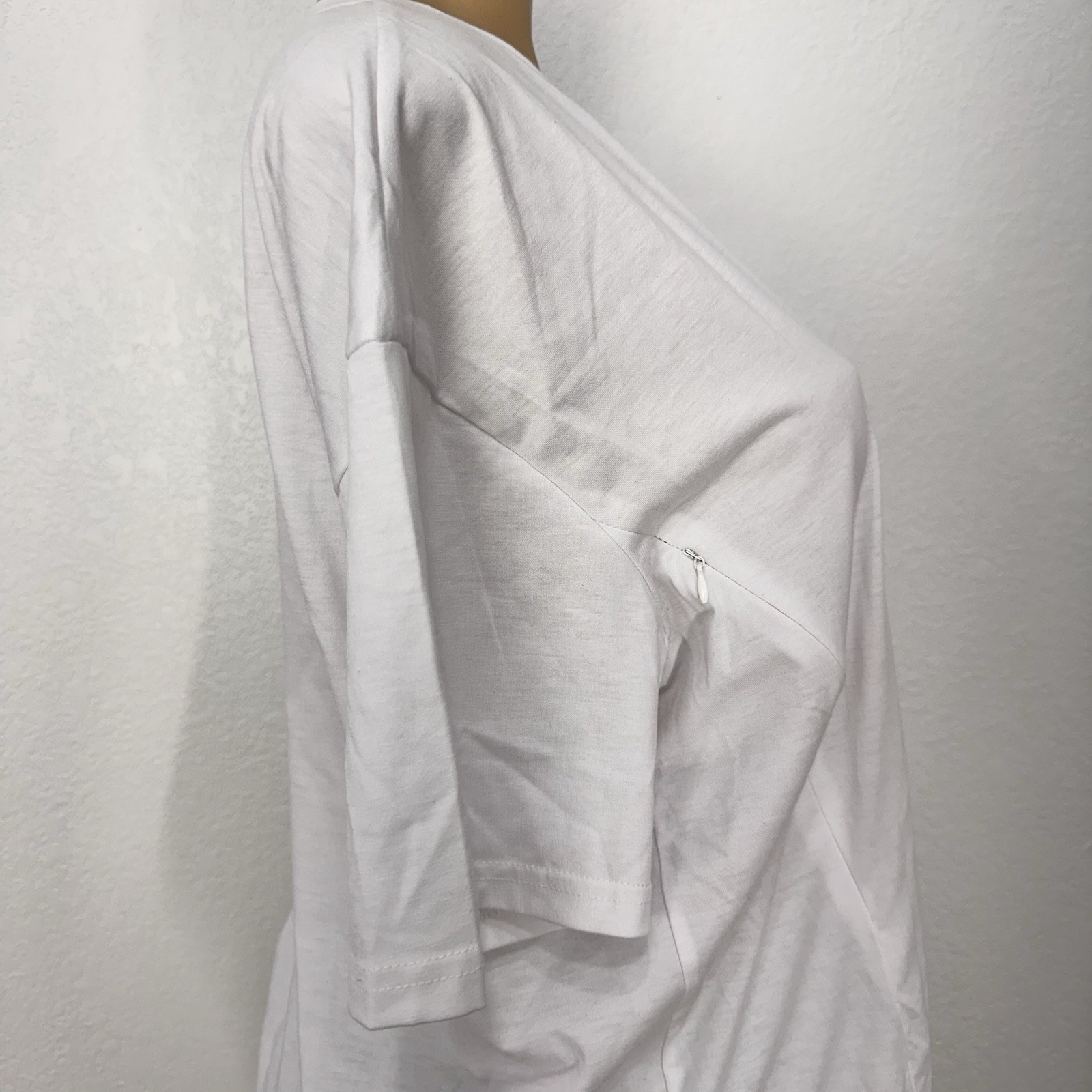 White V Neck Zip Sides Short Sleeve Boxy Tee Shirt Womens Size M Casual Top New