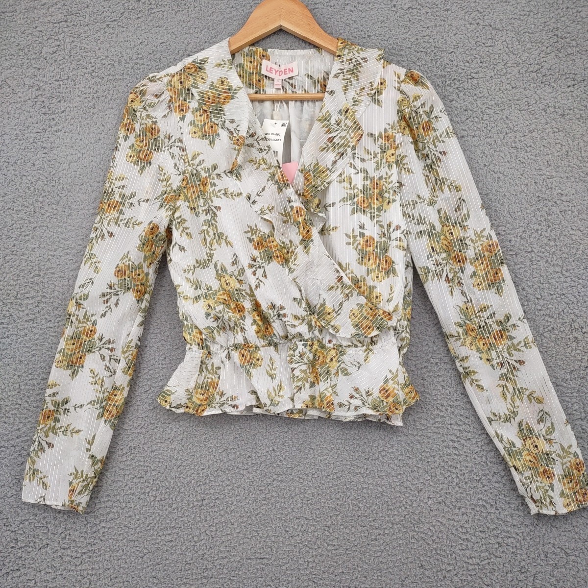 Leyden Top Womens Small Ivory Floral Metallic Faux Wrap Ruffle Elastic Waist
