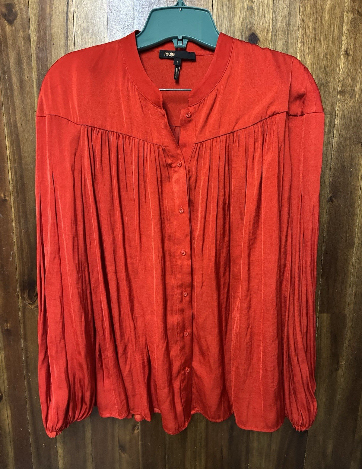 Maje Red Pleated Button Front Band Collar Blouse Long Sleeve Size 2